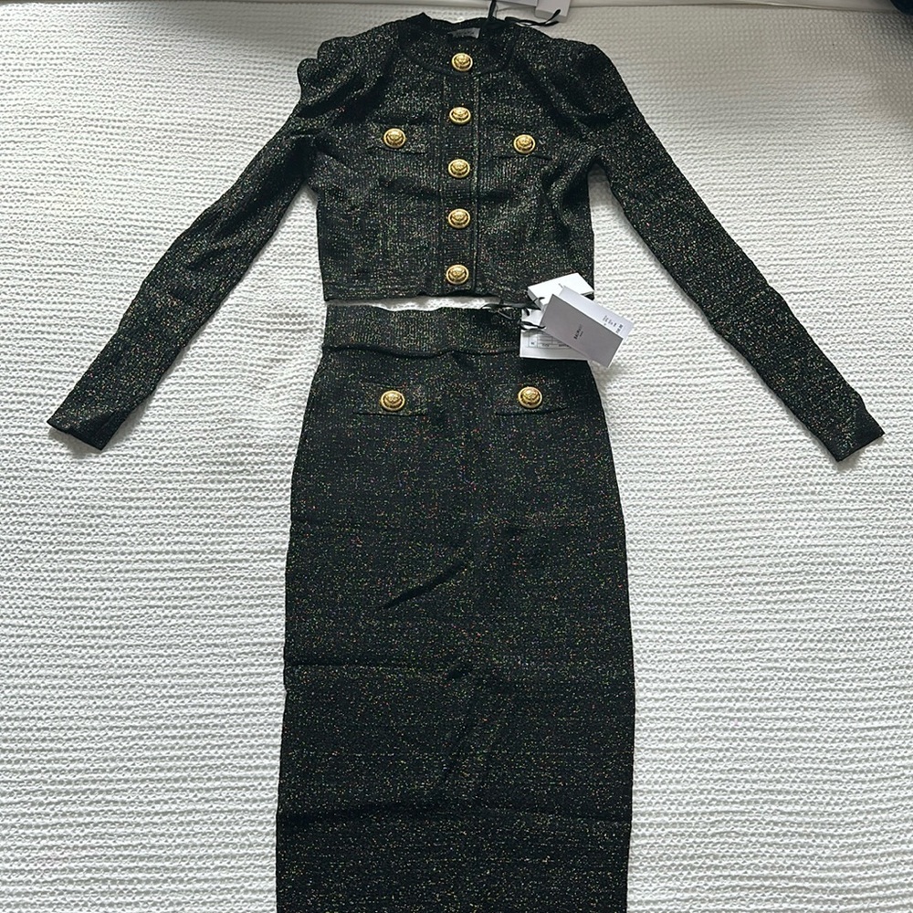 AUTHENTIC BALMAIN buttoned knit top and skirt.